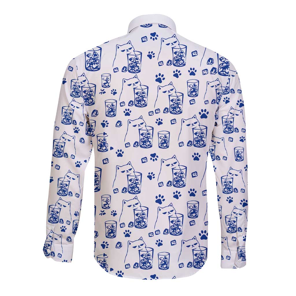No Ice Please Cat Long Sleeve Button Shirt Grumpy Cat with Drink Humor