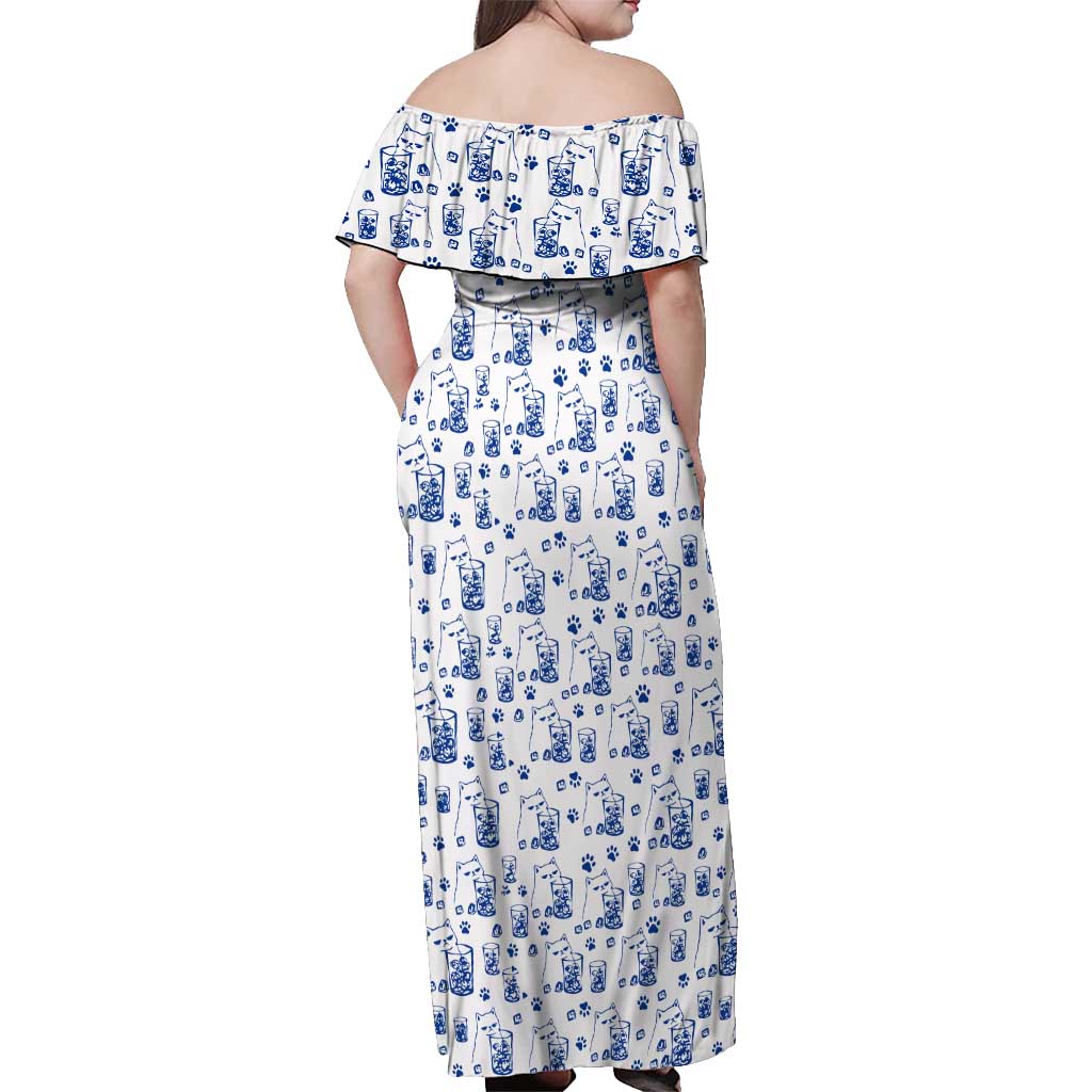 No Ice Please Cat Off Shoulder Maxi Dress Grumpy Cat with Drink Humor