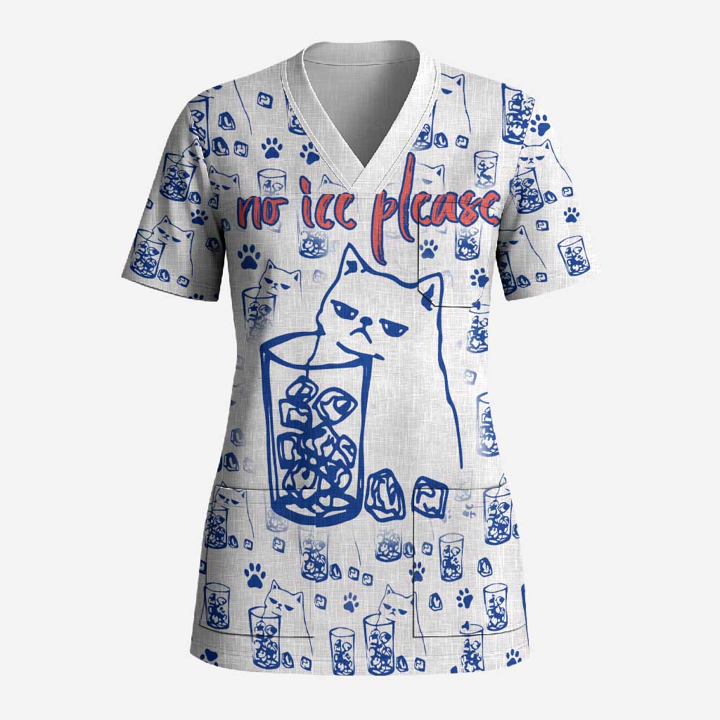 No Ice Please Cat Scrub Top Grumpy Cat with Drink Humor