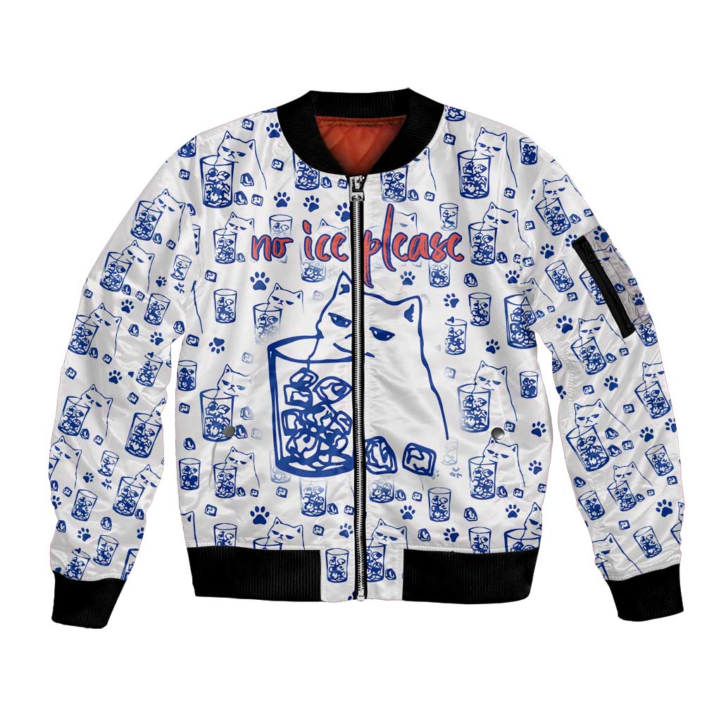 No Ice Please Cat Sleeve Zip Bomber Jacket Grumpy Cat with Drink Humor