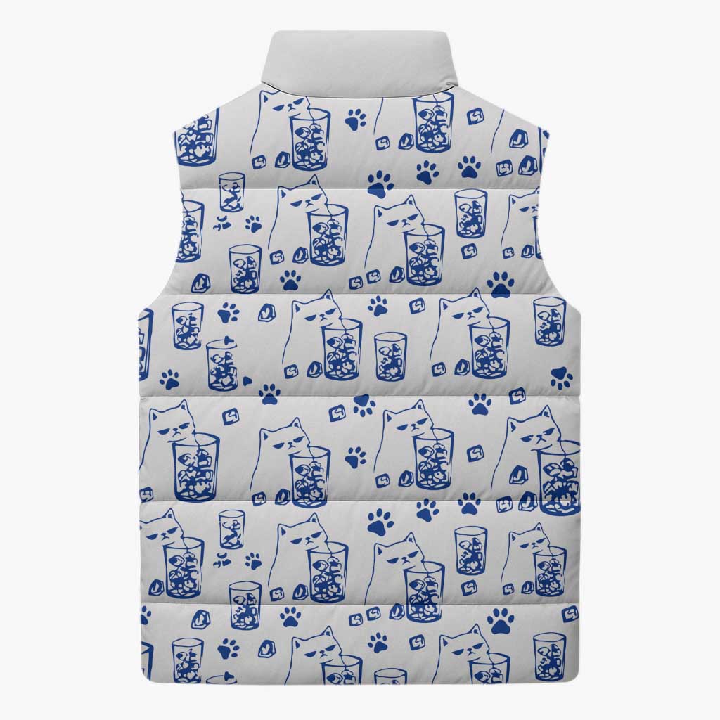 No Ice Please Cat Sleeveless Puffer Jacket Grumpy Cat with Drink Humor