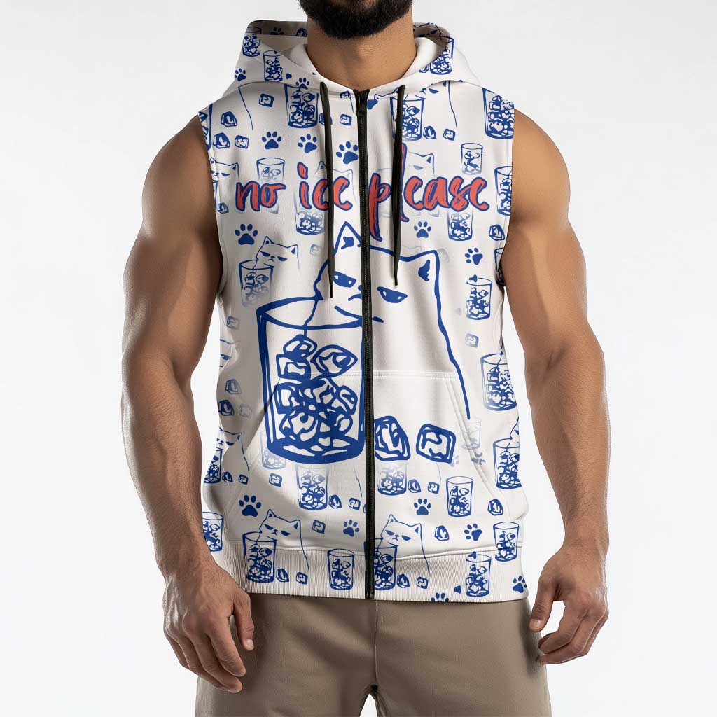 No Ice Please Cat Sleeveless Zip Hoodie Grumpy Cat with Drink Humor