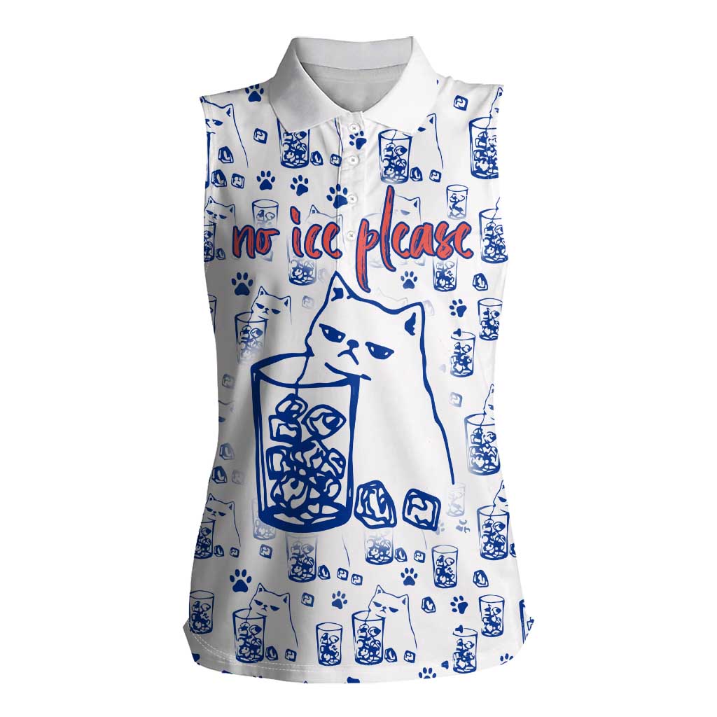No Ice Please Cat Women Sleeveless Polo Shirt Grumpy Cat with Drink Humor