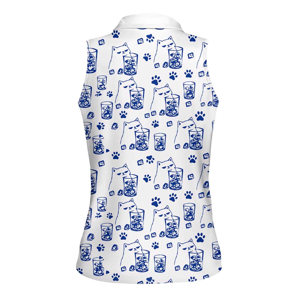 No Ice Please Cat Women Sleeveless Polo Shirt Grumpy Cat with Drink Humor