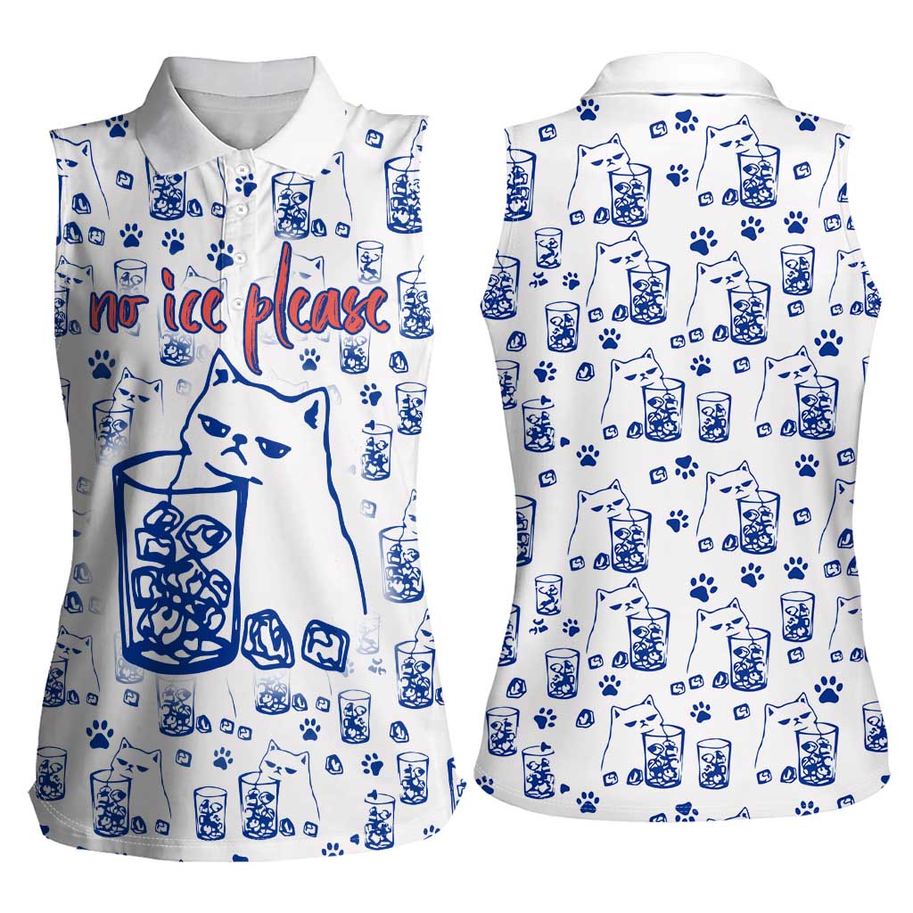 No Ice Please Cat Women Sleeveless Polo Shirt Grumpy Cat with Drink Humor
