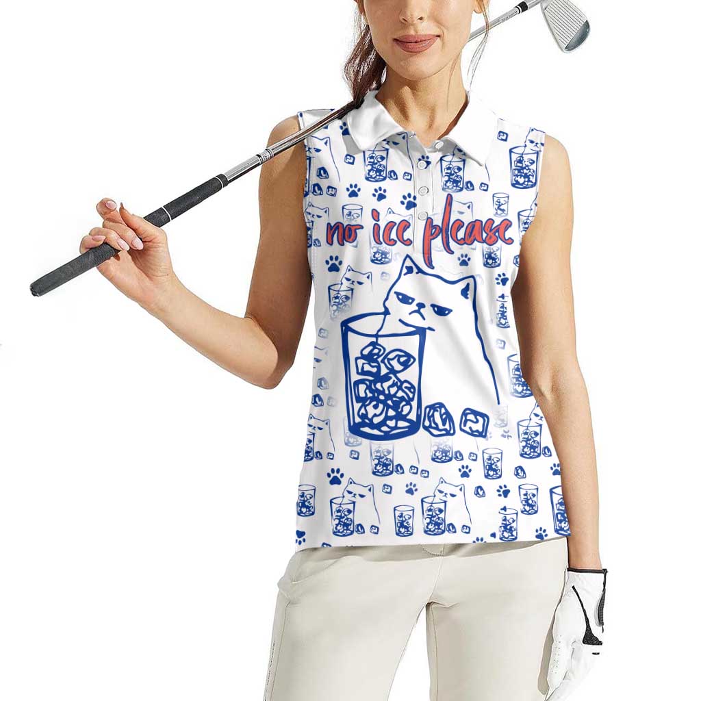 No Ice Please Cat Women Sleeveless Polo Shirt Grumpy Cat with Drink Humor