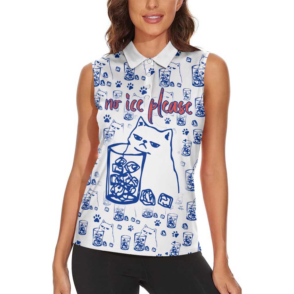 No Ice Please Cat Women Sleeveless Polo Shirt Grumpy Cat with Drink Humor