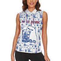 No Ice Please Cat Women Sleeveless Polo Shirt Grumpy Cat with Drink Humor