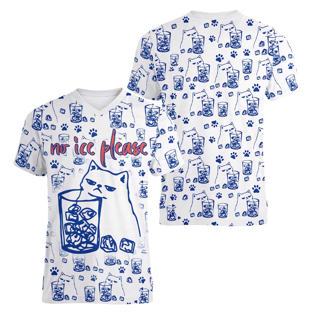 No Ice Please Cat Women V-Neck T-Shirt Grumpy Cat with Drink Humor