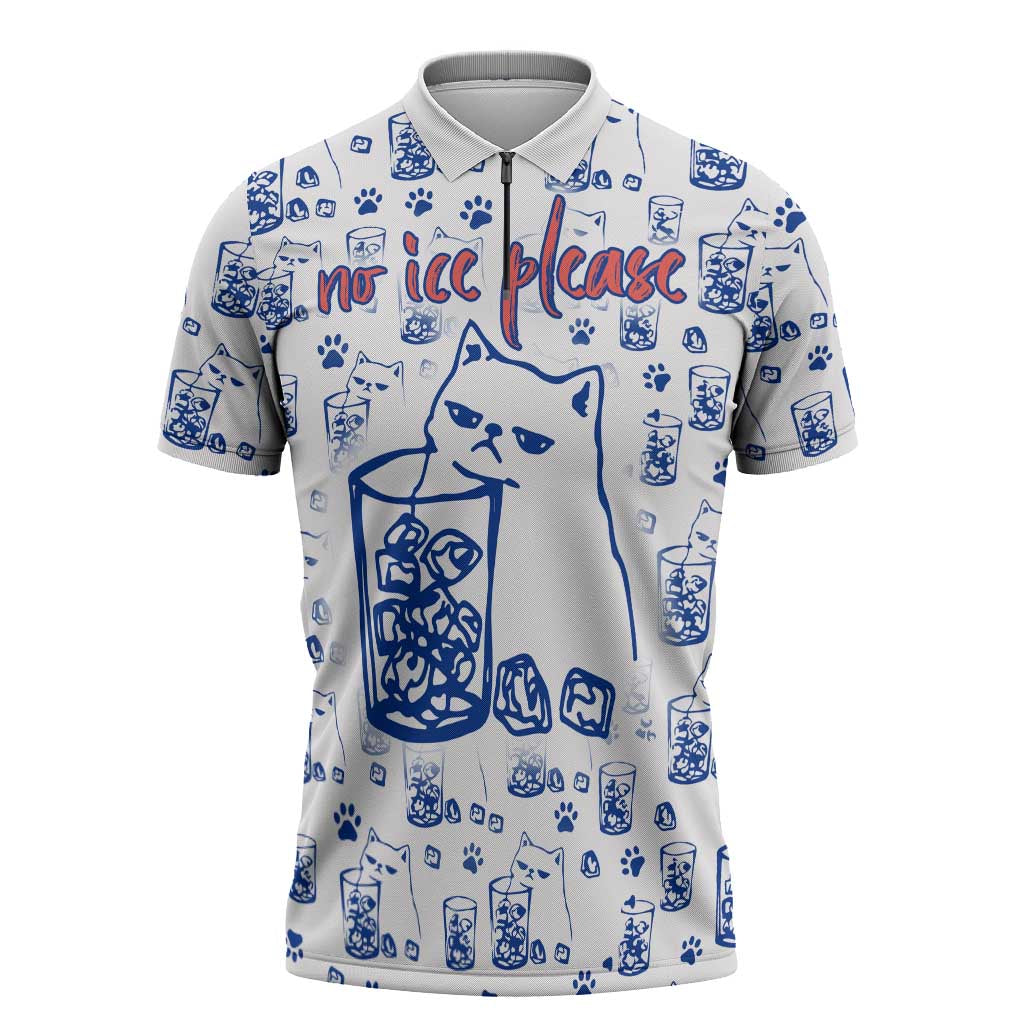 No Ice Please Cat Zipper Polo Shirt Grumpy Cat with Drink Humor