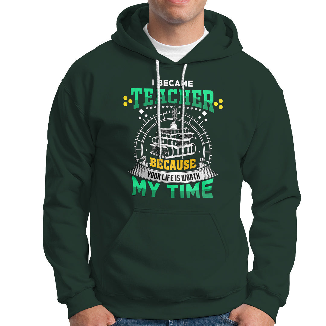 Dark forest green teacher hoodie with colorful front graphic, hood, and white drawstrings