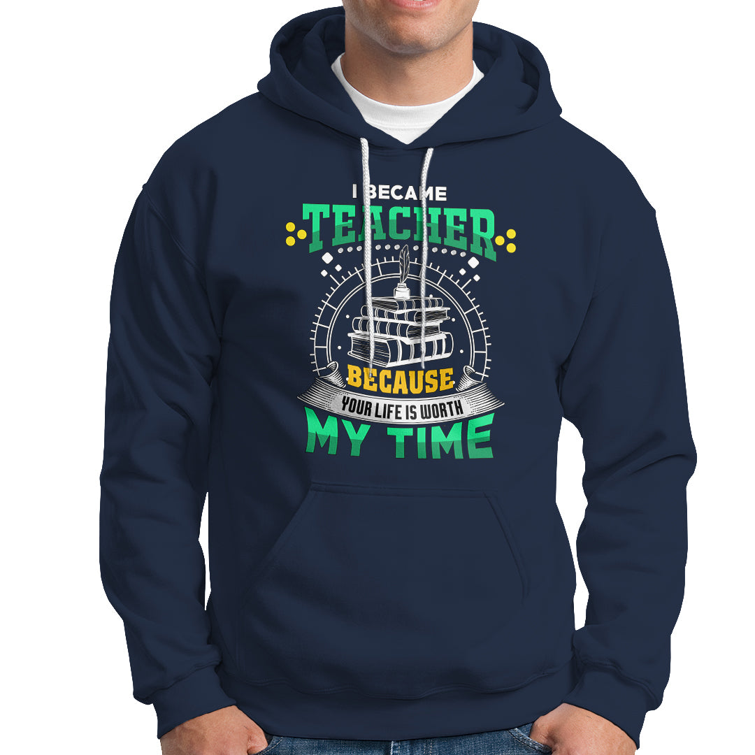 Navy teacher hoodie with colorful front graphic, hood, and white drawstrings