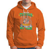 Orange teacher hoodie with colorful front graphic, hood, and white drawstrings
