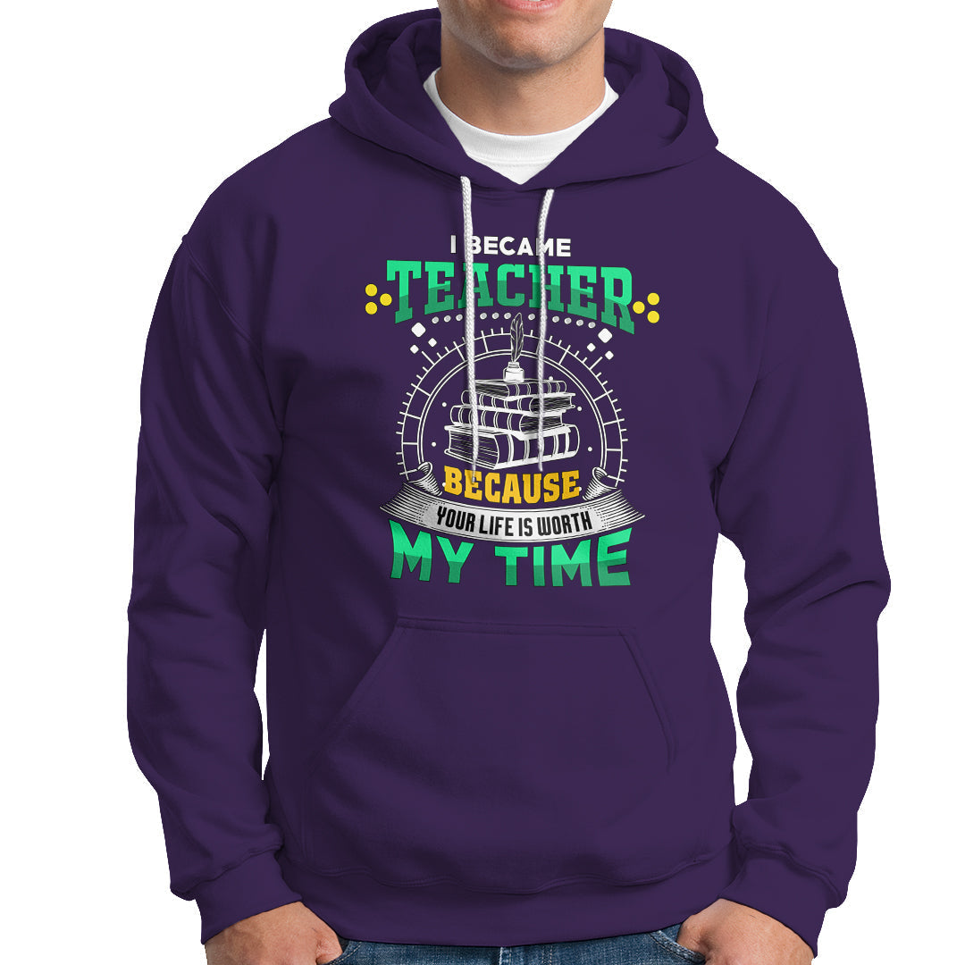 Purple teacher hoodie with colorful front graphic, hood, and white drawstrings