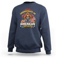 Navy sweatshirt with firefighter emblem graphic and bold slogan on the chest.