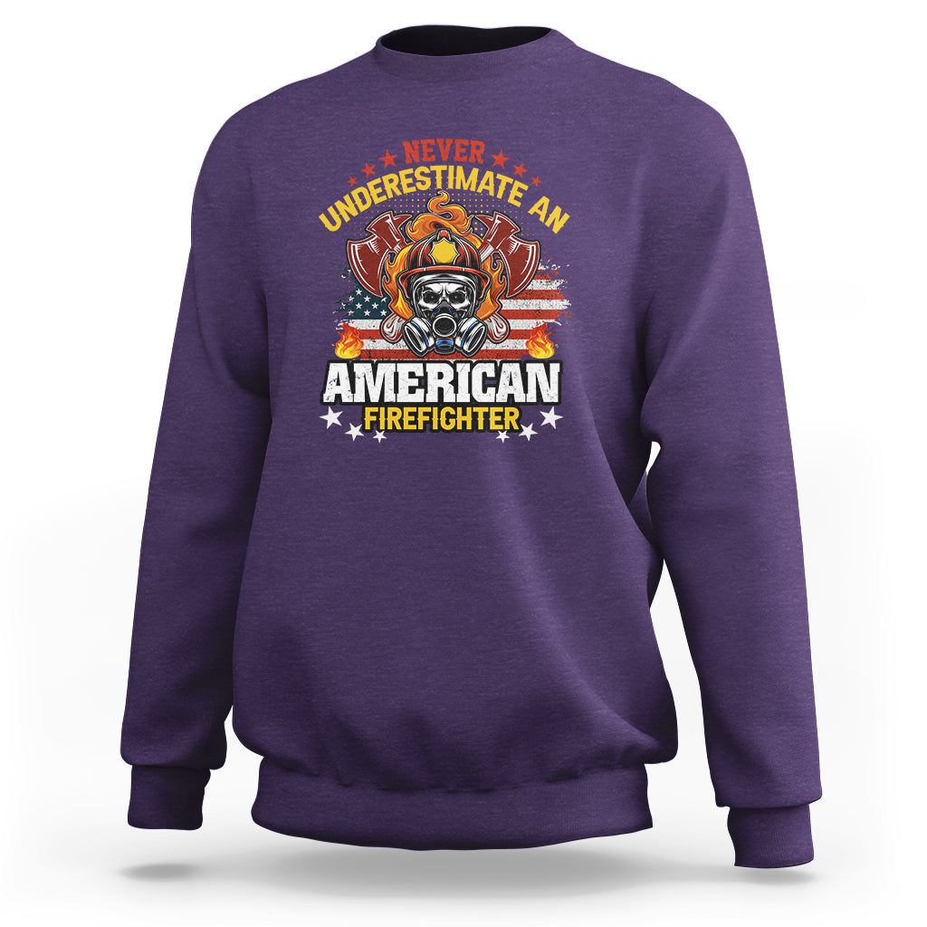 Purple sweatshirt with firefighter emblem graphic and bold slogan text on the chest.