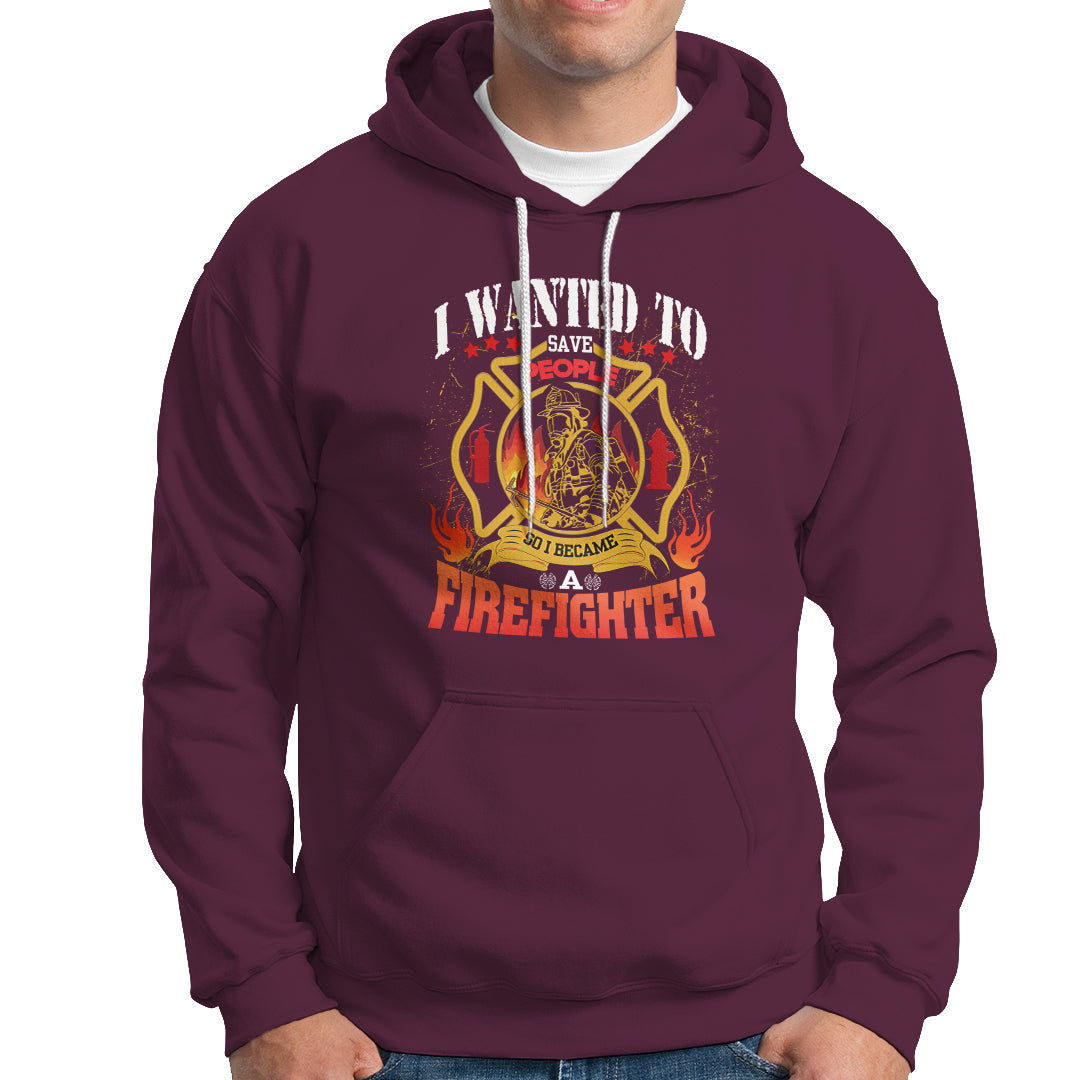 Maroon firefighter hoodie with colorful chest graphic and front kangaroo pocket