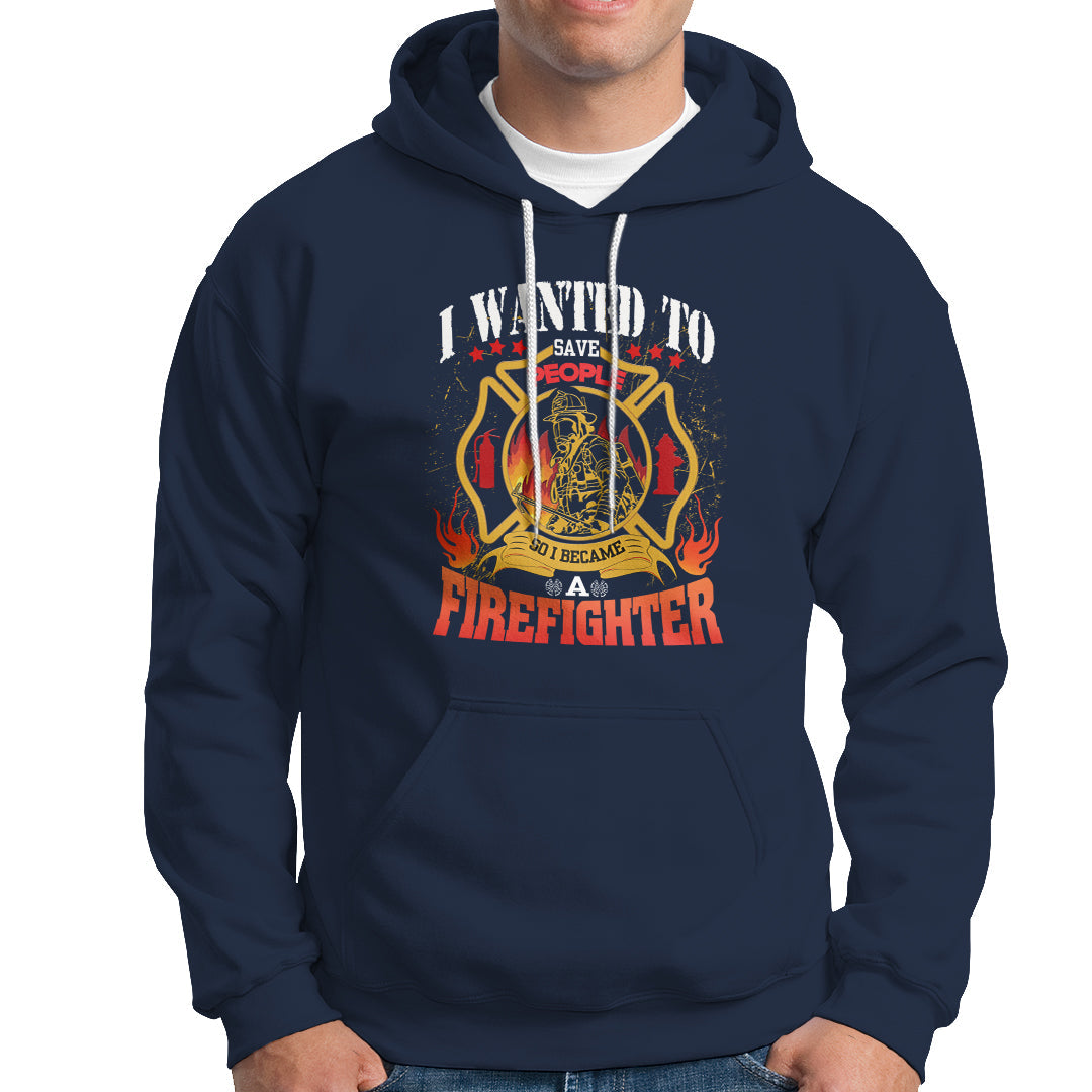 Navy firefighter hoodie with colorful chest graphic and front kangaroo pocket
