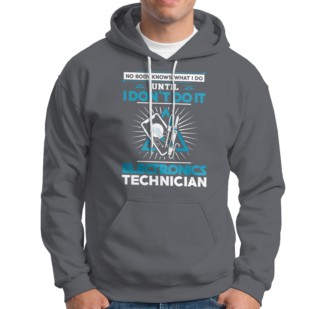 Charcoal gray electronics technician hoodie with front graphic and kangaroo pocket