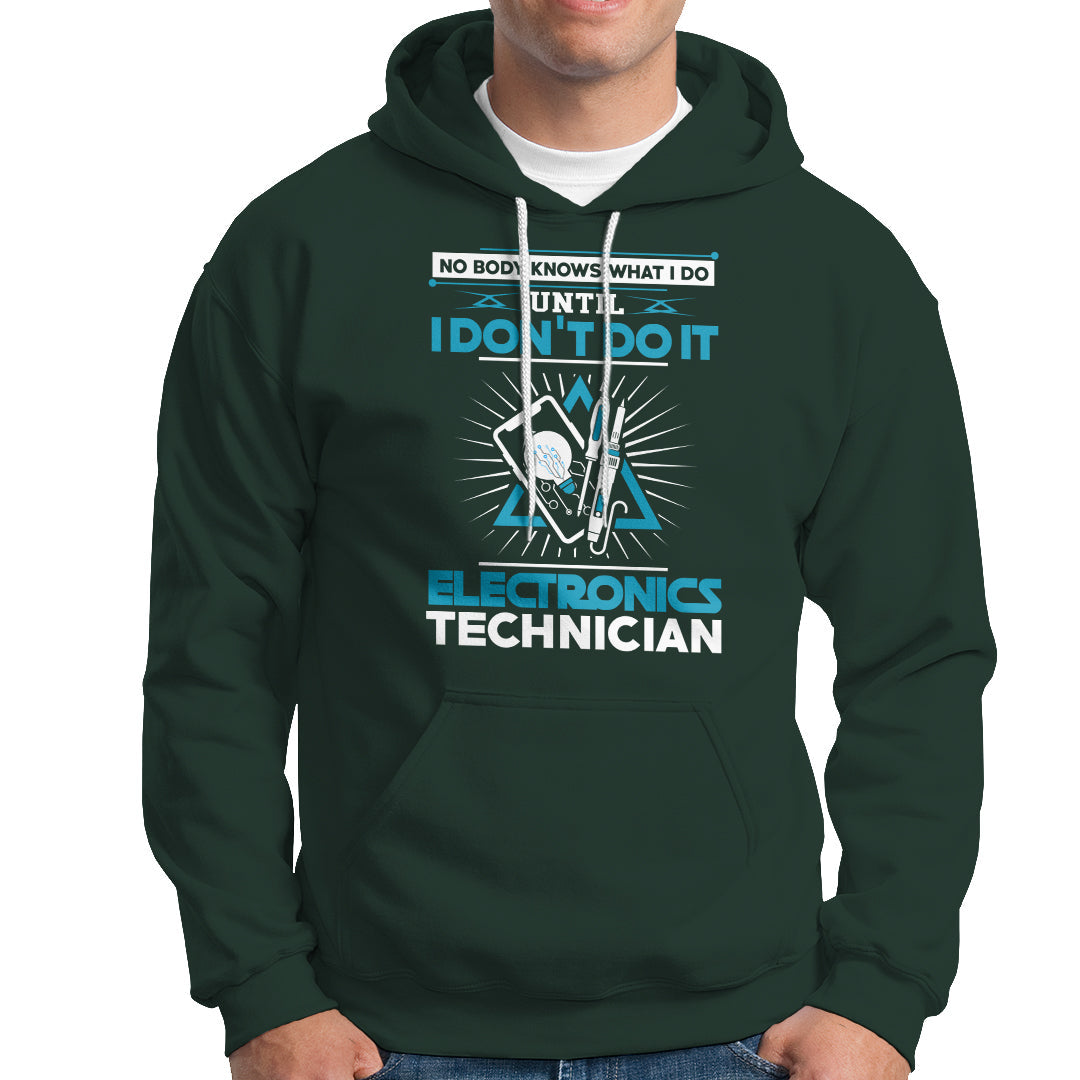 Dark forest green electronics technician hoodie with front graphic and kangaroo pocket