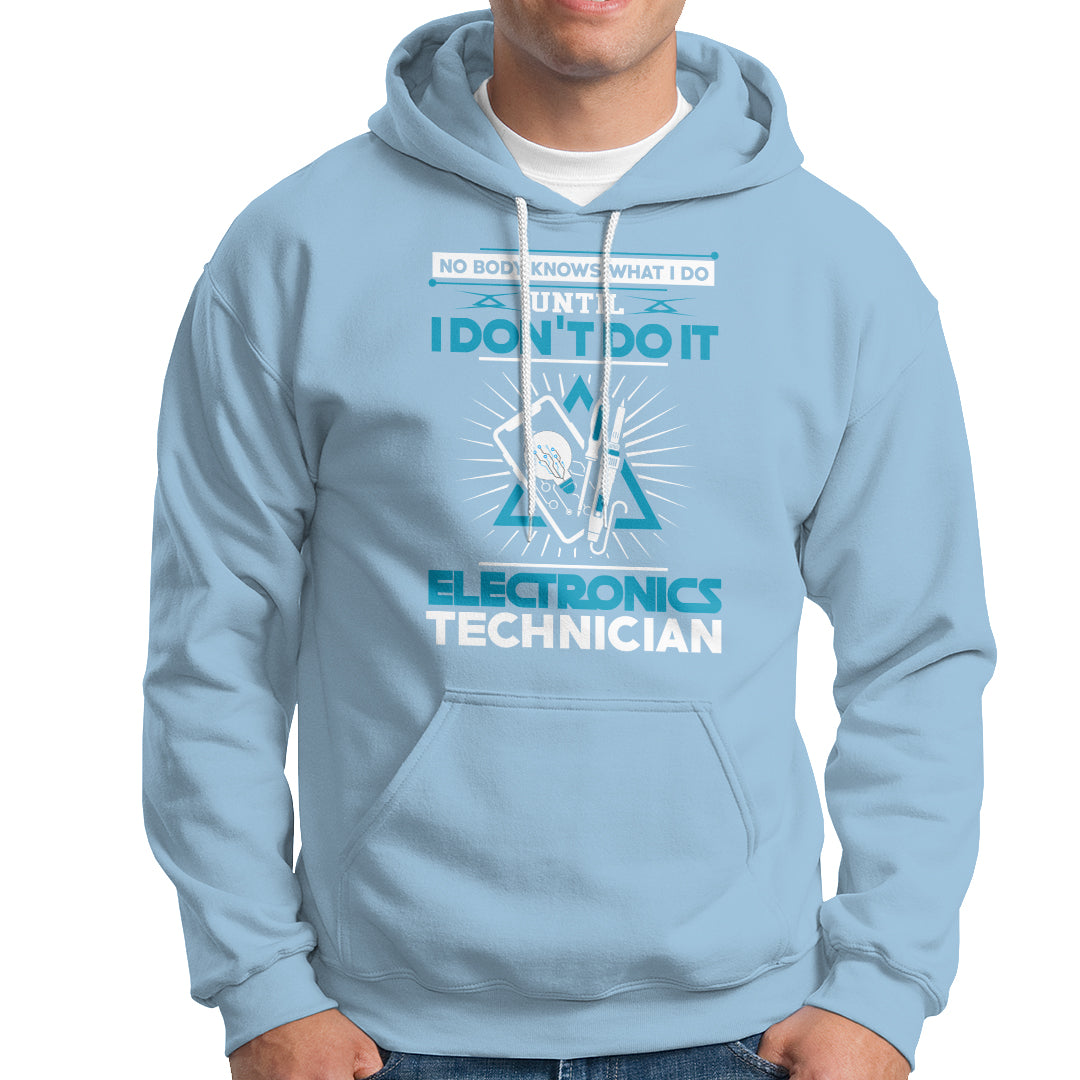 Light blue electronics technician hoodie with front graphic and kangaroo pocket