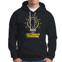 Black electronic technician hoodie with front graphic, kangaroo pocket, hood drawstrings