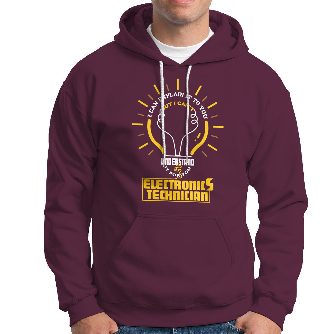 Maroon electronic technician hoodie with front graphic, kangaroo pocket, hood drawstrings