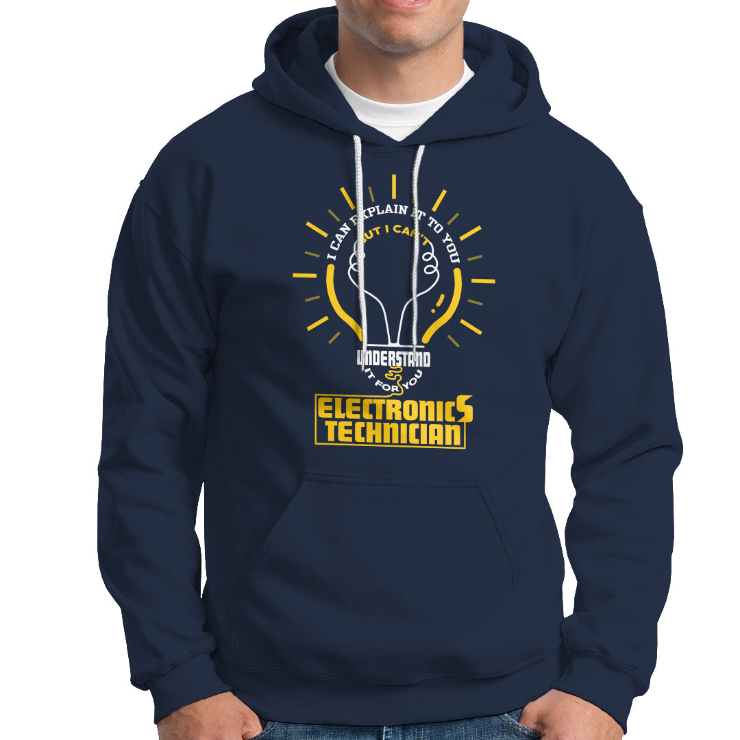 Navy electronic technician hoodie with front graphic, kangaroo pocket, hood drawstrings
