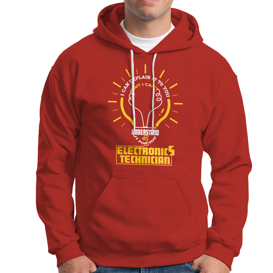 Red electronic technician hoodie with front graphic, kangaroo pocket, hood drawstrings