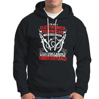 Black hoodie with front electronic technician graphic and drawstring hood pocket