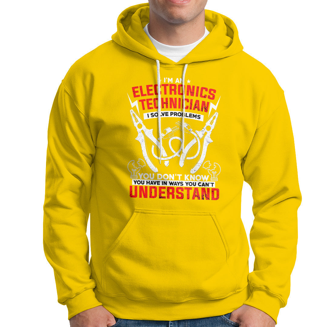Yellow hoodie with front electronic technician graphic, drawstring hood, and pocket