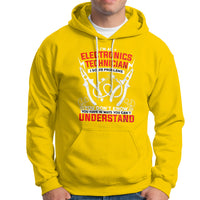 Yellow hoodie with front electronic technician graphic, drawstring hood, and pocket