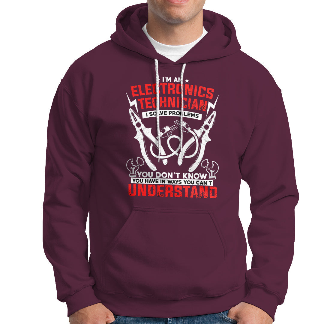 Maroon hoodie with front electronic technician graphic, drawstring hood, and pocket