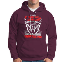 Maroon hoodie with front electronic technician graphic, drawstring hood, and pocket