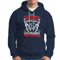 Navy hoodie with front electronic technician graphic, drawstring hood, and pocket