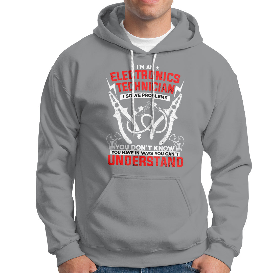 Sport gray hoodie with front electronic technician graphic, drawstring hood pocket