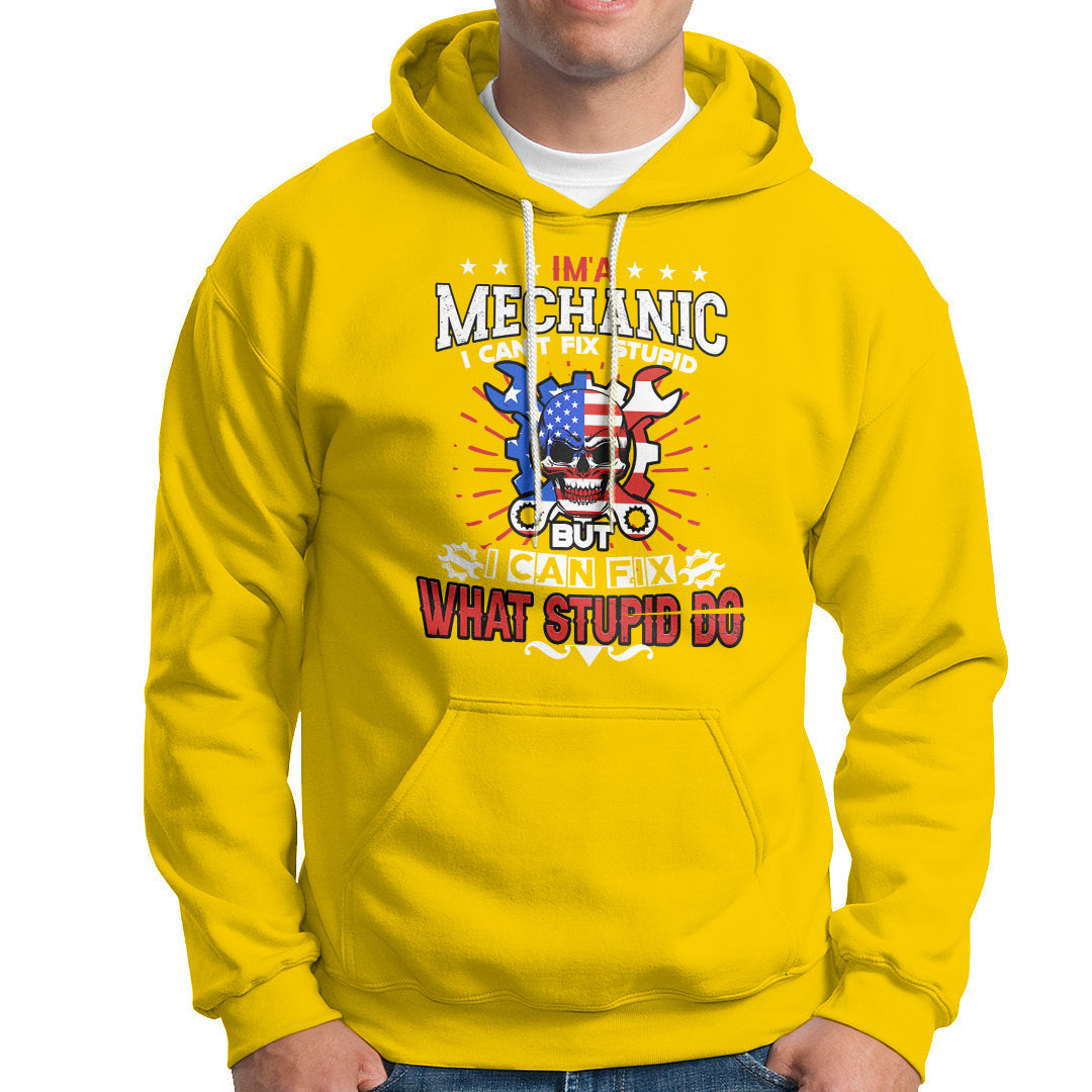Daisy yellow mechanic hoodie with front graphic logo and text, kangaroo pocket, hood