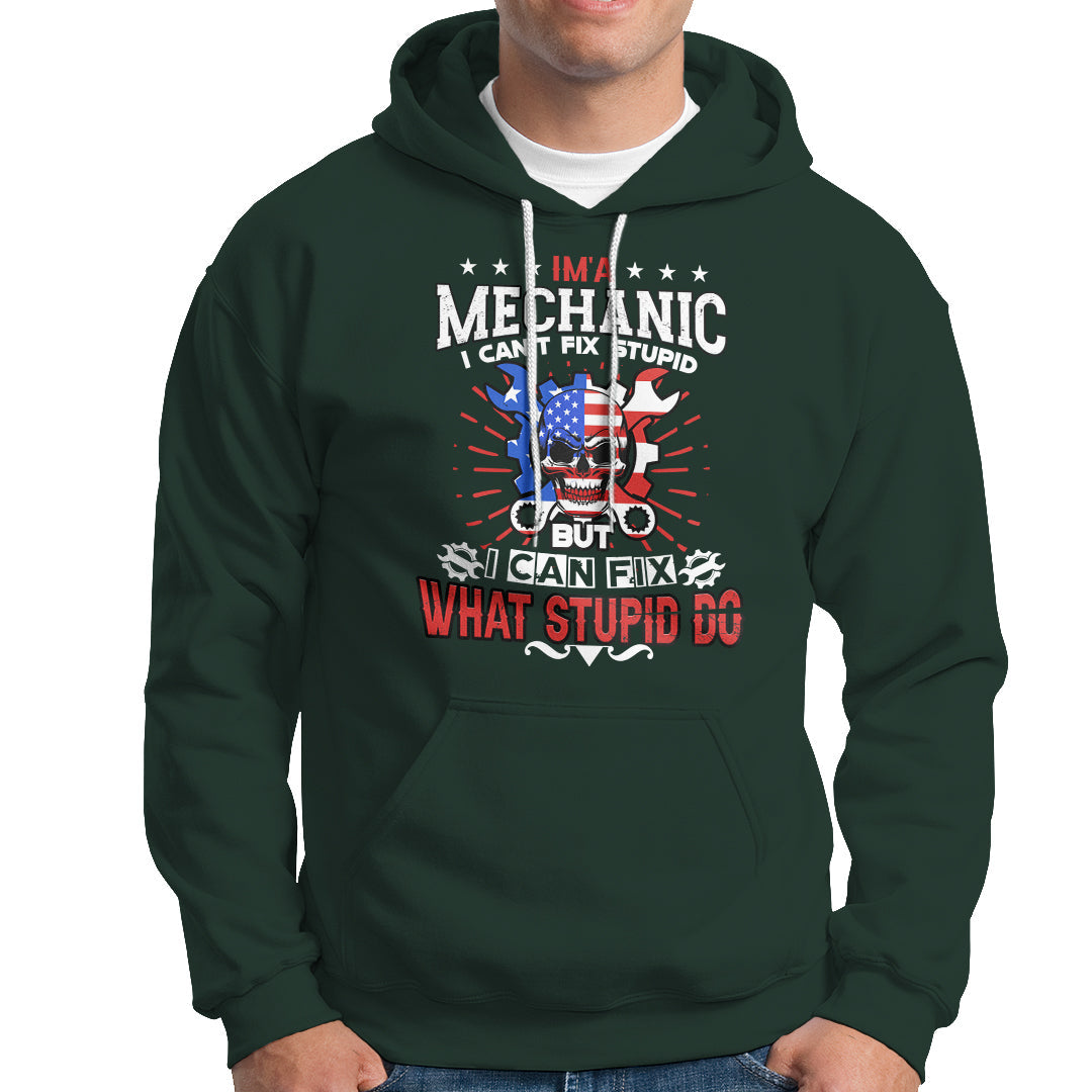 Dark forest green mechanic hoodie with front graphic logo and text, kangaroo pocket, hood