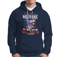 Navy mechanic hoodie with front graphic logo and text, kangaroo pocket, hood
