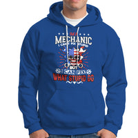Royal blue mechanic hoodie with front graphic logo and text, kangaroo pocket, hood
