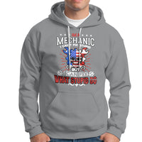Sport gray mechanic hoodie with front graphic logo and text, kangaroo pocket, hood