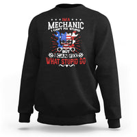 Black crewneck sweatshirt with mechanic graphic and slogan print at the chest