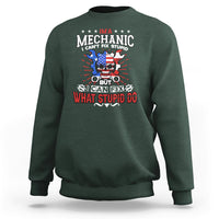 Dark forest green crewneck sweatshirt with mechanic graphic and slogan print