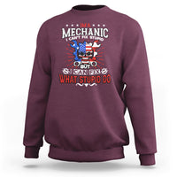 Maroon crewneck sweatshirt with mechanic graphic and slogan print on the front