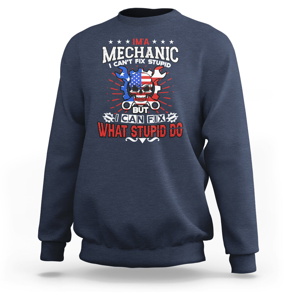 Navy crewneck sweatshirt with mechanic graphic and slogan print on the chest
