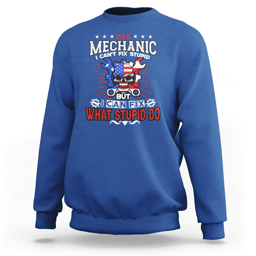 Royal blue crewneck sweatshirt with mechanic graphic and slogan print at chest