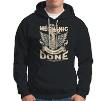Black mechanic graphic hoodie with front pocket and drawstring hood