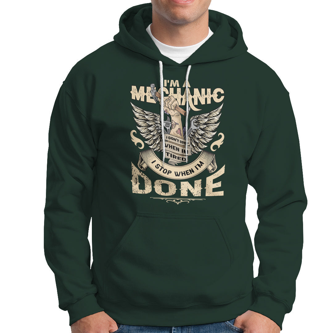 Dark forest green mechanic graphic hoodie with front pocket and drawstring hood