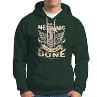 Dark forest green mechanic graphic hoodie with front pocket and drawstring hood