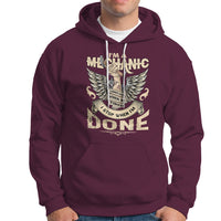 Maroon mechanic graphic hoodie with front pocket and drawstring hood